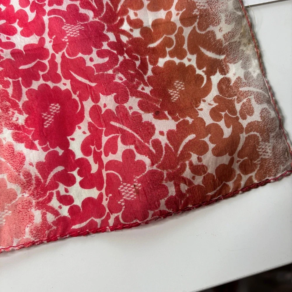 VTG Floral Silk Rectangle Scarf Ombre Red Orange Yellow Sunset Print Sheer Fairy